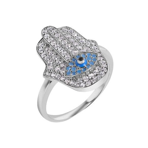 Sterling Silver Rhodium Plated Hamsa Evil Eye Clear Turquoise CZ Studded Ring