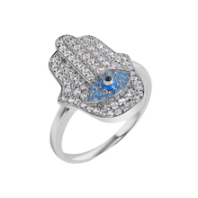 Load image into Gallery viewer, Sterling Silver Rhodium Plated Hamsa Evil Eye Clear Turquoise CZ Studded Ring