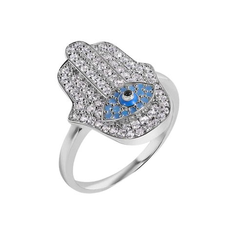 Sterling Silver Rhodium Plated Hamsa Evil Eye Clear Turquoise CZ Studded Ring