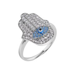 Sterling Silver Rhodium Plated Hamsa Evil Eye Clear Turquoise CZ Studded Ring