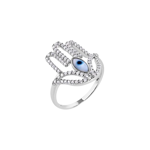 Sterling Silver Rhodium Plated Hamsa Evil Eye Cutout Clear Turquoise CZ Studded Ring