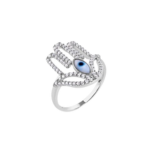 Load image into Gallery viewer, Sterling Silver Rhodium Plated Hamsa Evil Eye Cutout Clear Turquoise CZ Studded Ring