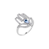 Sterling Silver Rhodium Plated Hamsa Evil Eye Cutout Clear Turquoise CZ Studded Ring