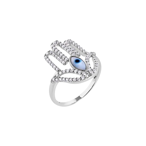 Sterling Silver Rhodium Plated Hamsa Evil Eye Cutout Clear Turquoise CZ Studded Ring