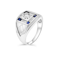 Load image into Gallery viewer, Sterling Silver Rhodium Plated Men&#39;s Square Sapphire And Clear CZ Ring