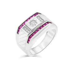 Load image into Gallery viewer, Sterling Silver Rhodium Plated Men&#39;s Rectangle Sun Ruby And Clear CZ Ring