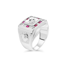 Load image into Gallery viewer, Sterling Silver Rhodium Plated Men&#39;s Square Lion Sun Ruby And Clear CZ Ring