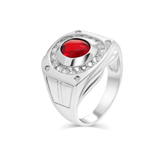 Load image into Gallery viewer, Sterling Silver Rhodium Plated Men&#39;s Round Top Ruby And Clear CZ Ring