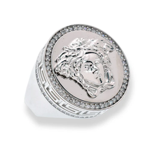 Load image into Gallery viewer, Sterling Silver Rhodium Plated Men&#39;s Round Medussa Greek Key Clear CZ Ring