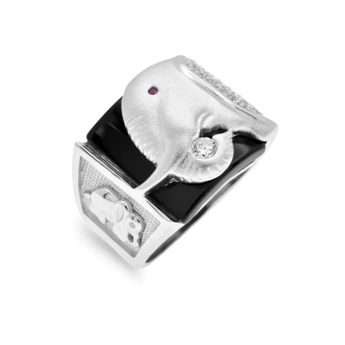 Sterling Silver Rhodium Plated Men's Sandblasted Finish Elephant Black Onyx Clear And Ruby Red CZ Ring