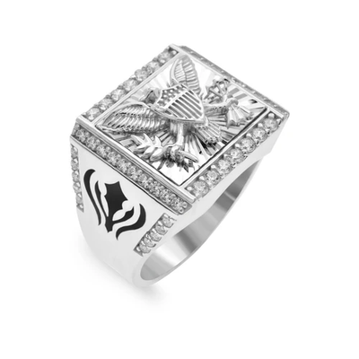 Sterling Silver Rhodium Plated Men's Diamond Cut American Eagle Clear CZ Ring