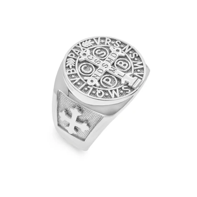 Sterling Silver Rhodium Plated Men's Saint Benedict Prayer Ring