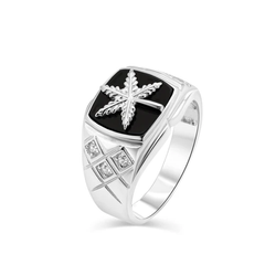 Sterling Silver Rhodium Plated Men's Cannabis Black Onyx And Clear CZ Ring