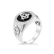 Load image into Gallery viewer, Sterling Silver Rhodium Plated Men&#39;s Round Masonic Black Onyx And Clear CZ Ring