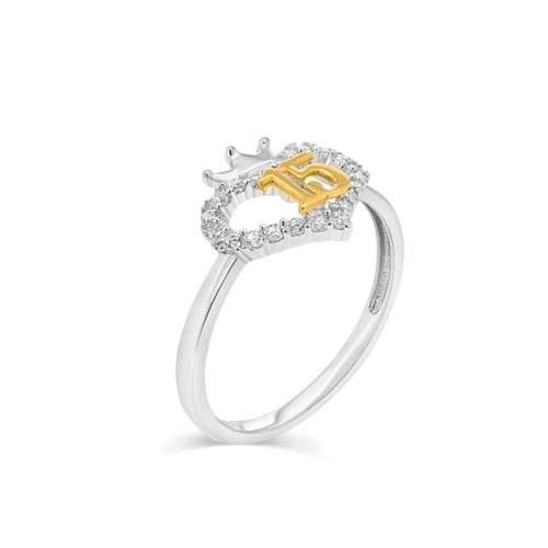 Sterling Silver Two Tone Plated Quinceanera Crown Heart CZ Ring