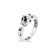 Load image into Gallery viewer, Sterling Silver Rhodium Plated Panther Emerald Green CZ Eye Black Enamel Ring