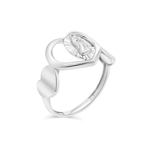 Sterling Silver Rhodium Plated Three Hearts Our Lady Of Guadalupe Ring