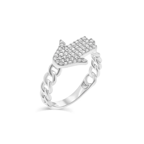 Sterling Silver Rhodium Plated Hamsa Clear CZ Ring