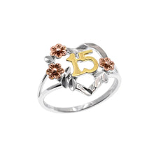 Load image into Gallery viewer, Sterling Silver Three Tone Plated Quinceanera Heart Flower Accents Ring