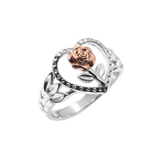 Load image into Gallery viewer, Sterling Silver Two Tone Plated Rose Inside Beaded Heart Ring
