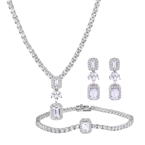 Sterling Silver Rhodium Plated Baguette Center Stone Clear CZ Tennis Necklace Bracelet and Dangling Earring Set