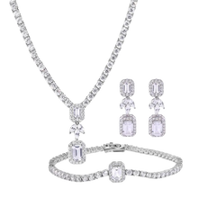 Load image into Gallery viewer, Sterling Silver Rhodium Plated Baguette Center Stone Clear CZ Tennis Necklace Bracelet and Dangling Earring Set