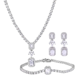 Sterling Silver Rhodium Plated Baguette Center Stone Clear CZ Tennis Necklace Bracelet and Dangling Earring Set