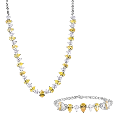 Sterling Silver Rhodium Plated Clear and Citrine Pear Cut CZ Necklace and Bracelet Set