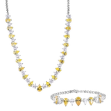 Sterling Silver Rhodium Plated Clear and Citrine Pear Cut CZ Necklace and Bracelet Set