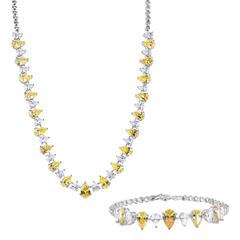 Sterling Silver Rhodium Plated Clear and Citrine Pear Cut CZ Necklace and Bracelet Set