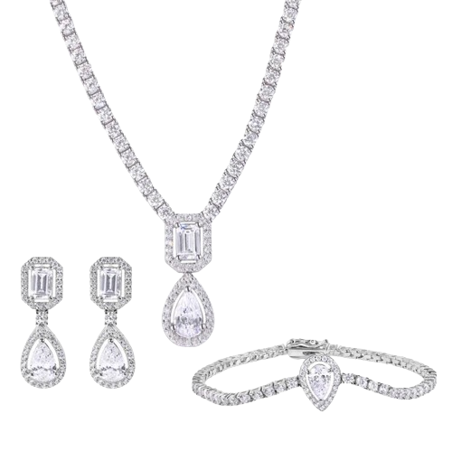 Sterling Silver Rhodium Plated Pear Cut Center Stone Clear CZ Tennis Necklace Bracelet and Dangling Earring Set