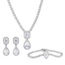 Load image into Gallery viewer, Sterling Silver Rhodium Plated Pear Cut Center Stone Clear CZ Tennis Necklace Bracelet and Dangling Earring Set