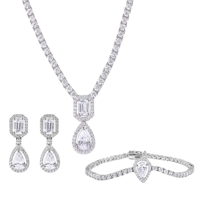 Sterling Silver Rhodium Plated Pear Cut Center Stone Clear CZ Tennis Necklace Bracelet and Dangling Earring Set