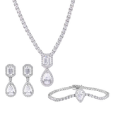 Sterling Silver Rhodium Plated Pear Cut Center Stone Clear CZ Tennis Necklace Bracelet and Dangling Earring Set