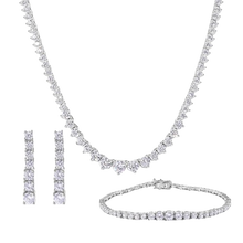 Load image into Gallery viewer, Sterling Silver Rhodium Plated Clear CZ Tennis Necklace Bracelet and Climbing Earring Set