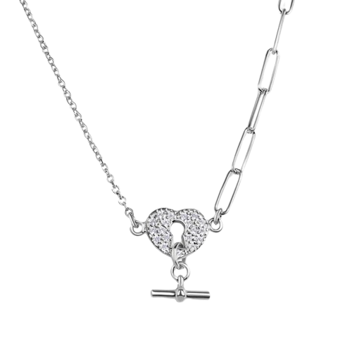 Sterling Silver Rhodium Plated Paperclip Rolo Chains Heart Center Necklace