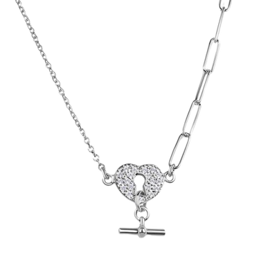 Sterling Silver Rhodium Plated Paperclip Rolo Chains Heart Center Necklace