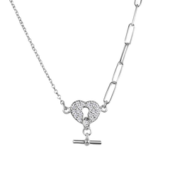 Sterling Silver Rhodium Plated Paperclip Rolo Chains Heart Center Necklace