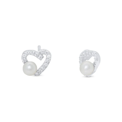 Sterling Silver Rhodium Plated Assymetrical Heart Synthetic Pearl And Clear CZ Stud Earring