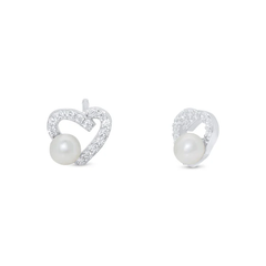 Sterling Silver Rhodium Plated Assymetrical Heart Synthetic Pearl And Clear CZ Stud Earring