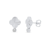 Sterling Silver Rhodium Plated Diamond Cut Clover Clear CZ Stud Earring