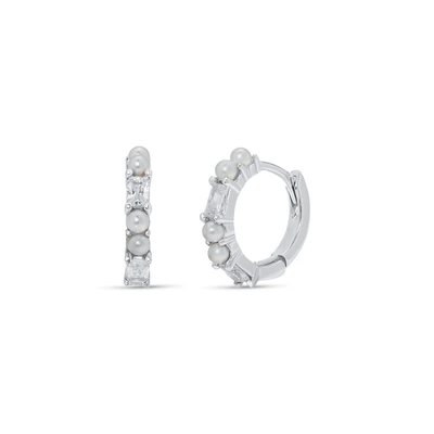 Sterling Silver Rhodium Plated Synthetic Pearl Baguette Clear CZ Hoop Earring