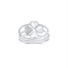 Load image into Gallery viewer, Sterling Silver Rhodium Plated Heart Clover Plain Clear CZ Ring