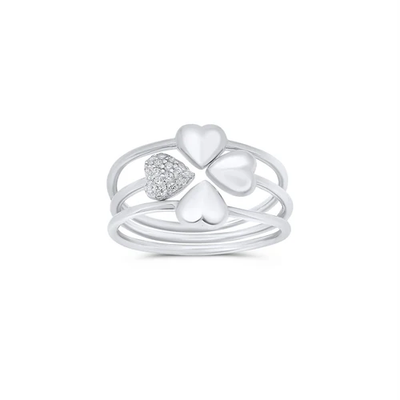 Sterling Silver Rhodium Plated Heart Clover Plain Clear CZ Ring