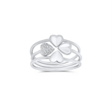 Sterling Silver Rhodium Plated Heart Clover Plain Clear CZ Ring