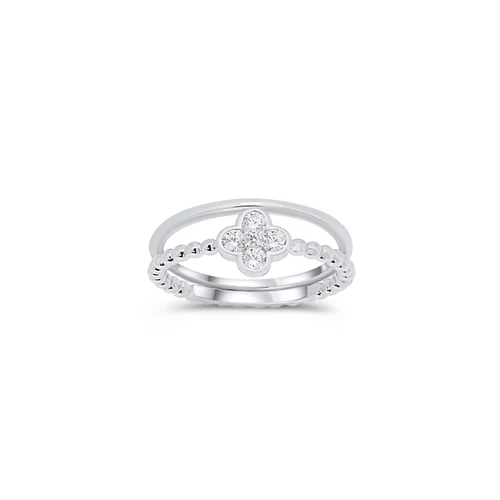 Sterling Silver Rhodium Plated Beaded Clover Plain Rounded Band Clear CZ Ring
