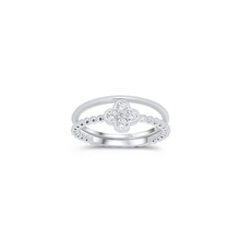 Load image into Gallery viewer, Sterling Silver Rhodium Plated Beaded Clover Plain Rounded Band Clear CZ Ring