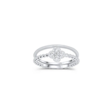 Sterling Silver Rhodium Plated Beaded Clover Plain Rounded Band Clear CZ Ring