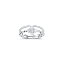 Sterling Silver Rhodium Plated Beaded Clover Plain Rounded Band Clear CZ Ring