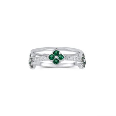 Sterling Silver Rhodium Plated Triple Clover Plain Rounded Band Clear And Green CZ Ring